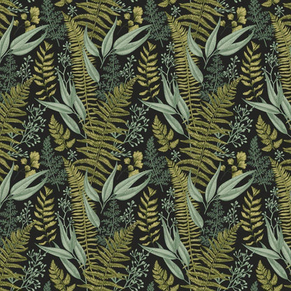 Maßangefertigte Vliestapete mit botanischem Farnmuster in Grün- und Senftönen, Vintage-Stil.
