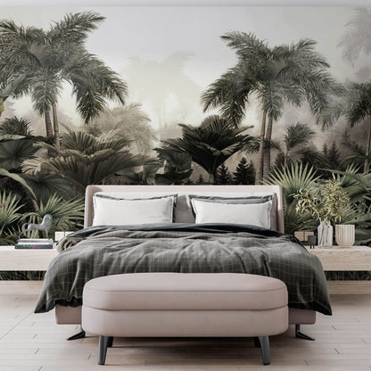 Maßangefertigte Vliestapete mit pastellfarbener Dschungel-Landschaft und botanischen Palmenblättern im Schlafzimmer.