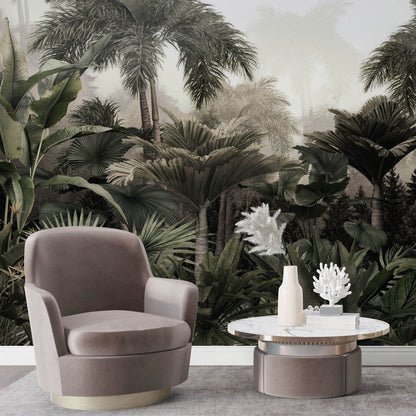 Maßangefertigte Vliestapete mit pastellfarbener Dschungel-Landschaft und botanischen Palmenblättern im Schlafzimmer.