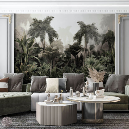 Maßangefertigte Vliestapete mit pastellfarbener Dschungel-Landschaft und botanischen Palmenblättern im Schlafzimmer.