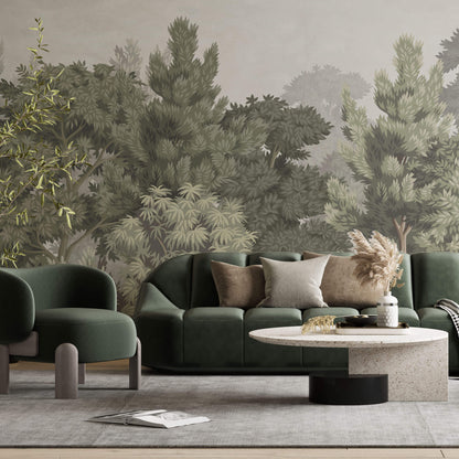 Maßangefertigte Vliestapete mit pastellfarbenem Wald- und Blättermotiv im Wohnzimmer hinter Holzkommode.