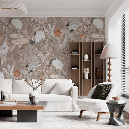 Maßangefertigte Vliestapete mit botanischem Muster in Pastellbraun, tropische Vögel und Blätter, Dschungelstil im Esszimmer.