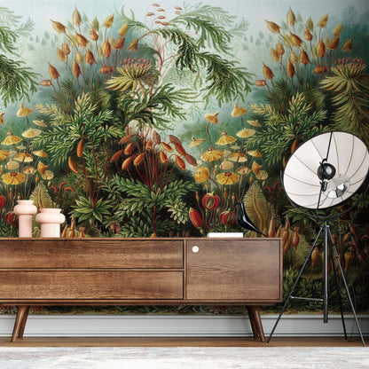Maßangefertigte Vliestapete mit botanischem Moos-, Blumen- und Blätterdesign in Vintage-Stil.