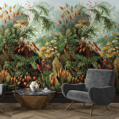 Maßangefertigte Vliestapete mit botanischem Moos-, Blumen- und Blätterdesign in Vintage-Stil.