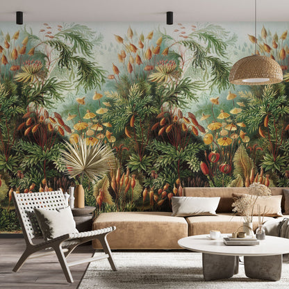 Maßangefertigte Vliestapete mit botanischem Moos-, Blumen- und Blätterdesign in Vintage-Stil.