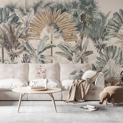 Maßangefertigte Vliestapete mit Aquarell-Blättern und botanischem Vintage-Tropenmuster in Pastellfarben im Esszimmer.