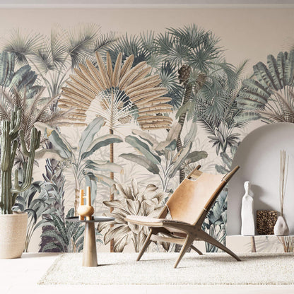 Maßangefertigte Vliestapete mit Aquarell-Blättern und botanischem Vintage-Tropenmuster in Pastellfarben im Esszimmer.