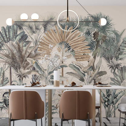 Maßangefertigte Vliestapete mit Aquarell-Blättern und botanischem Vintage-Tropenmuster in Pastellfarben im Esszimmer.