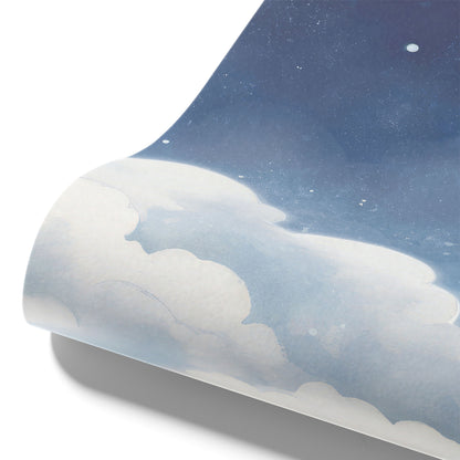 Kinderzimmer mit maßangefertigter Vliestapete in Aquarell-Design, blauer Himmel mit Wolken und Sternen.
