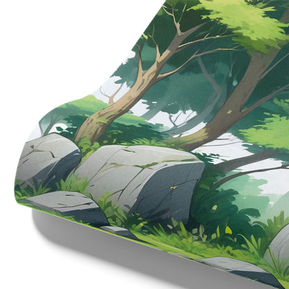 Maßangefertigte Vliestapete mit comicartigem Waldmotiv, grünen Bäumen und Felsen für Kinderzimmer.