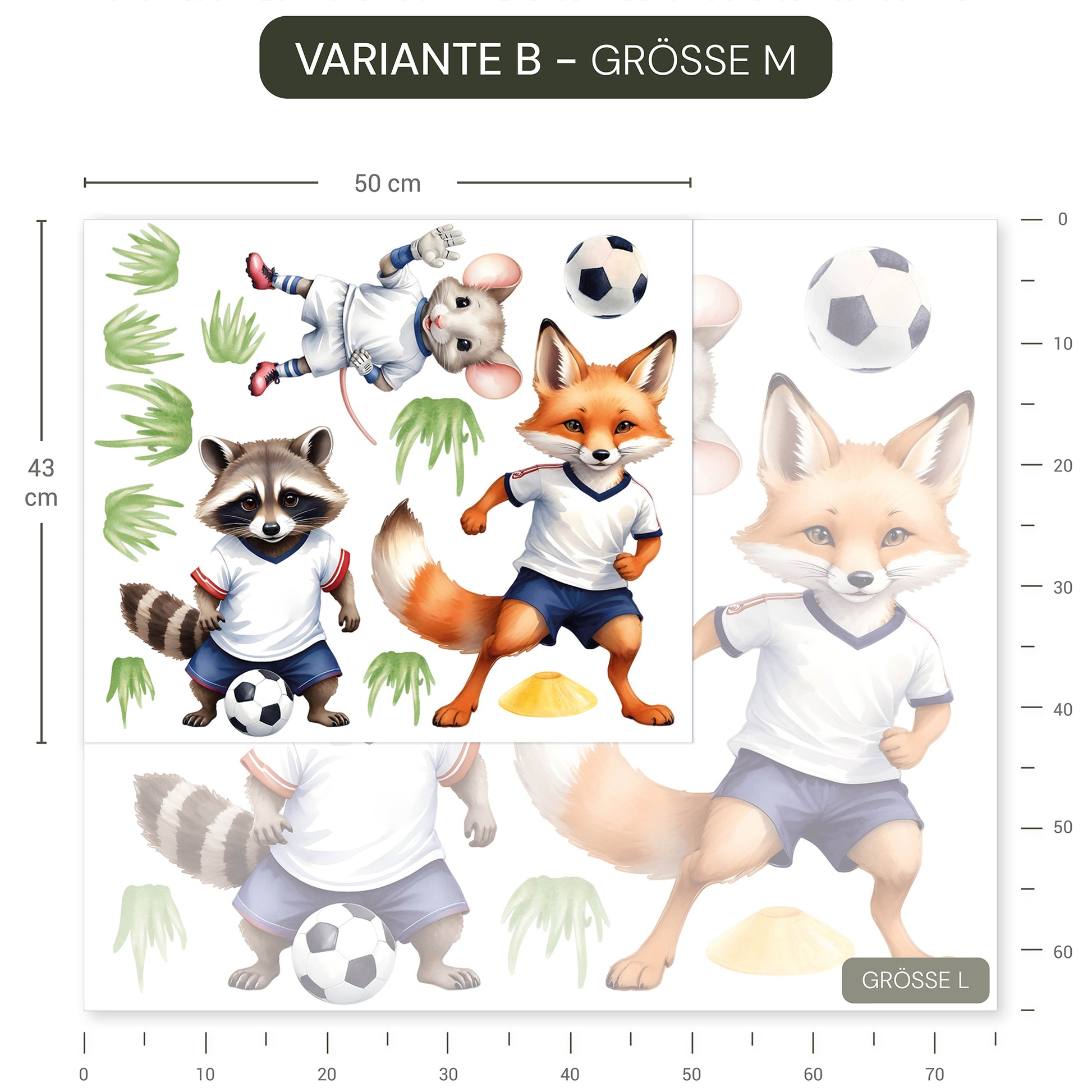 Wandtattoo wiederablösbar ohne weißen Rand Fuchs mit Fußball in Aquarellstil.
