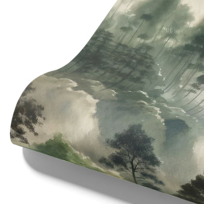 Maßangefertigte Vliestapete mit Aquarell-Waldlandschaft und nebelverhangenen Hügeln im Wohnzimmer.