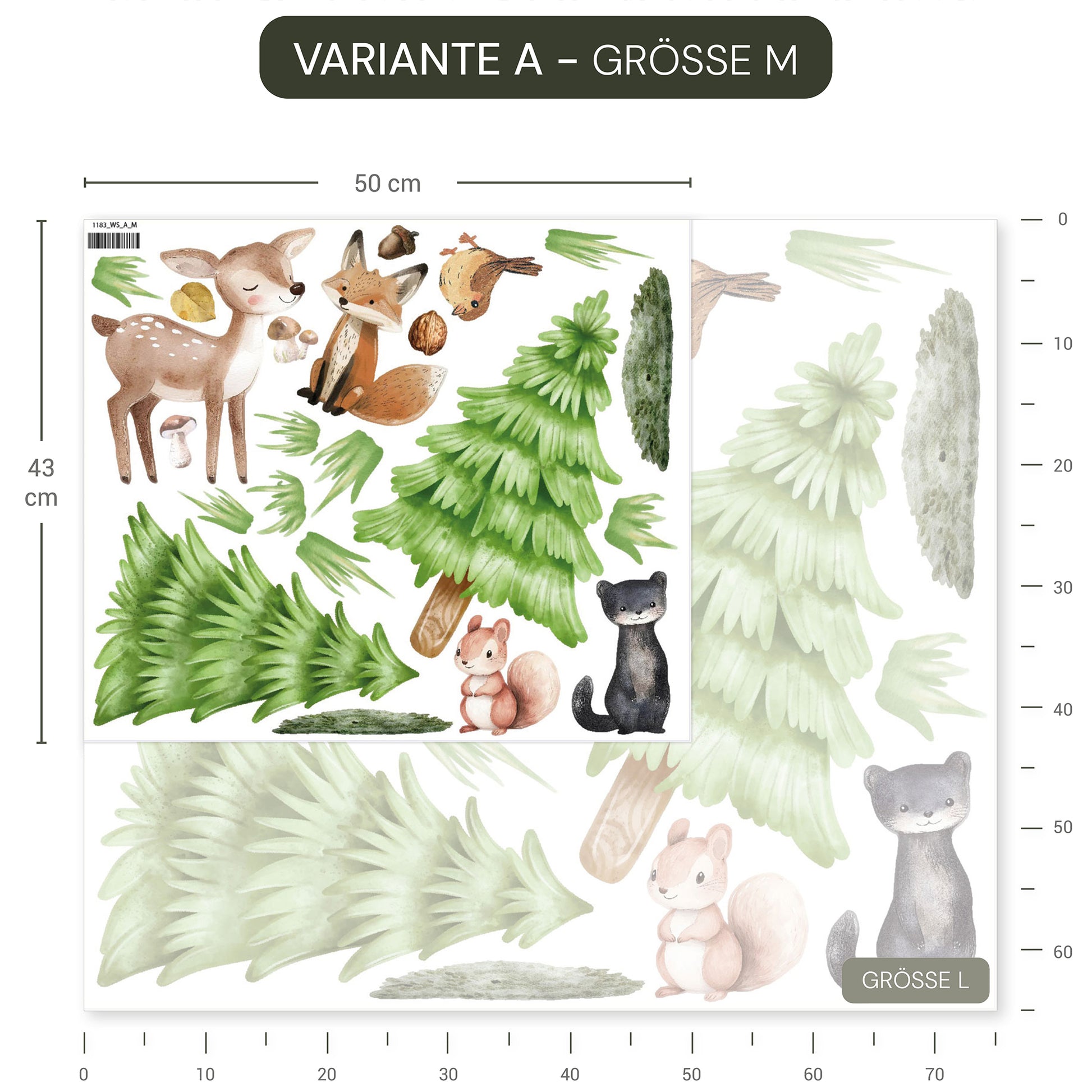 Bär, Fuchs, Reh, Eichhörnchen, Hase, Eule, Bäume, wiederablösbar, ohne weißen Rand.