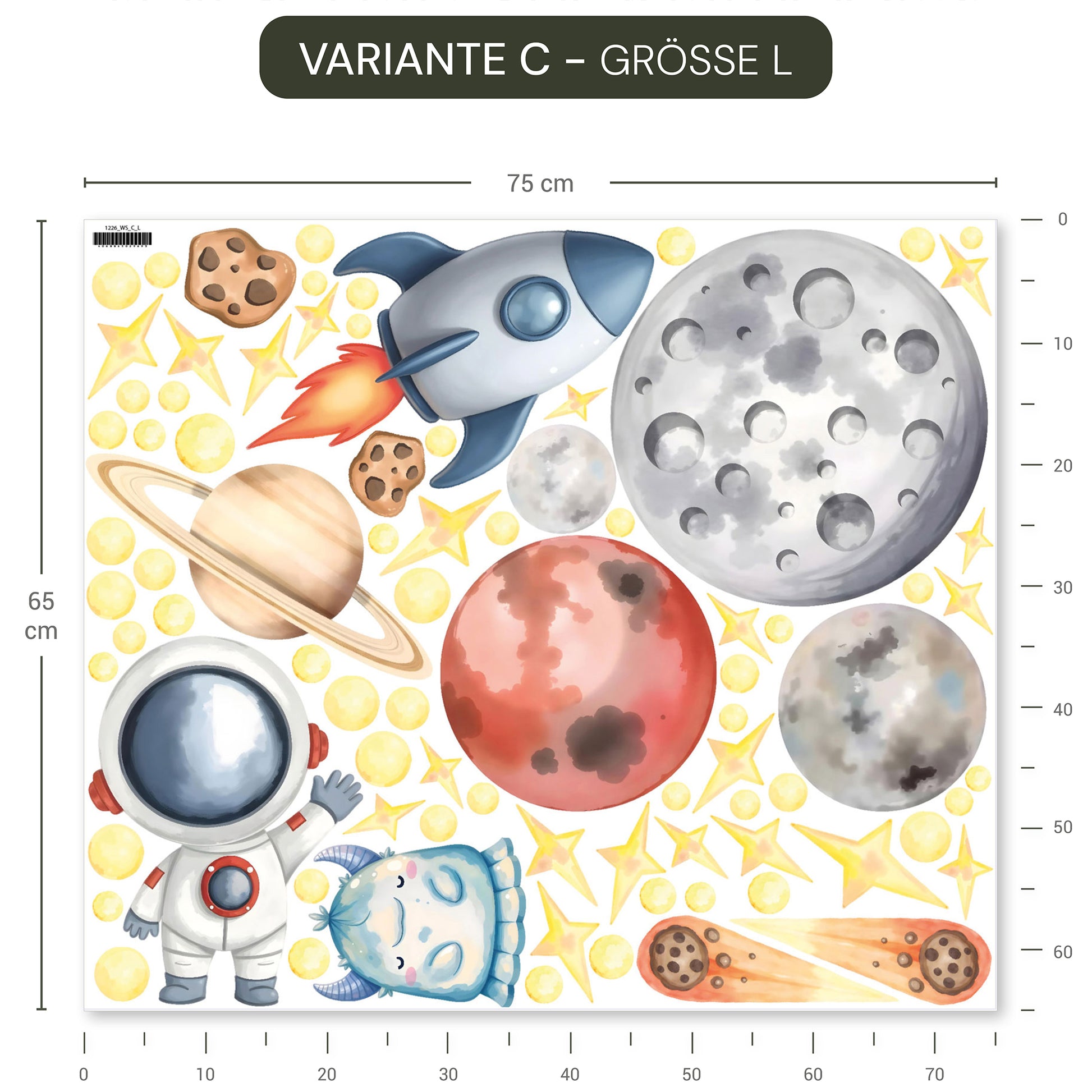 Buntes Wandtattoo Weltall mit Rakete, Planeten, Astronaut und Rover, wiederablösbar, ohne weißen Rand.