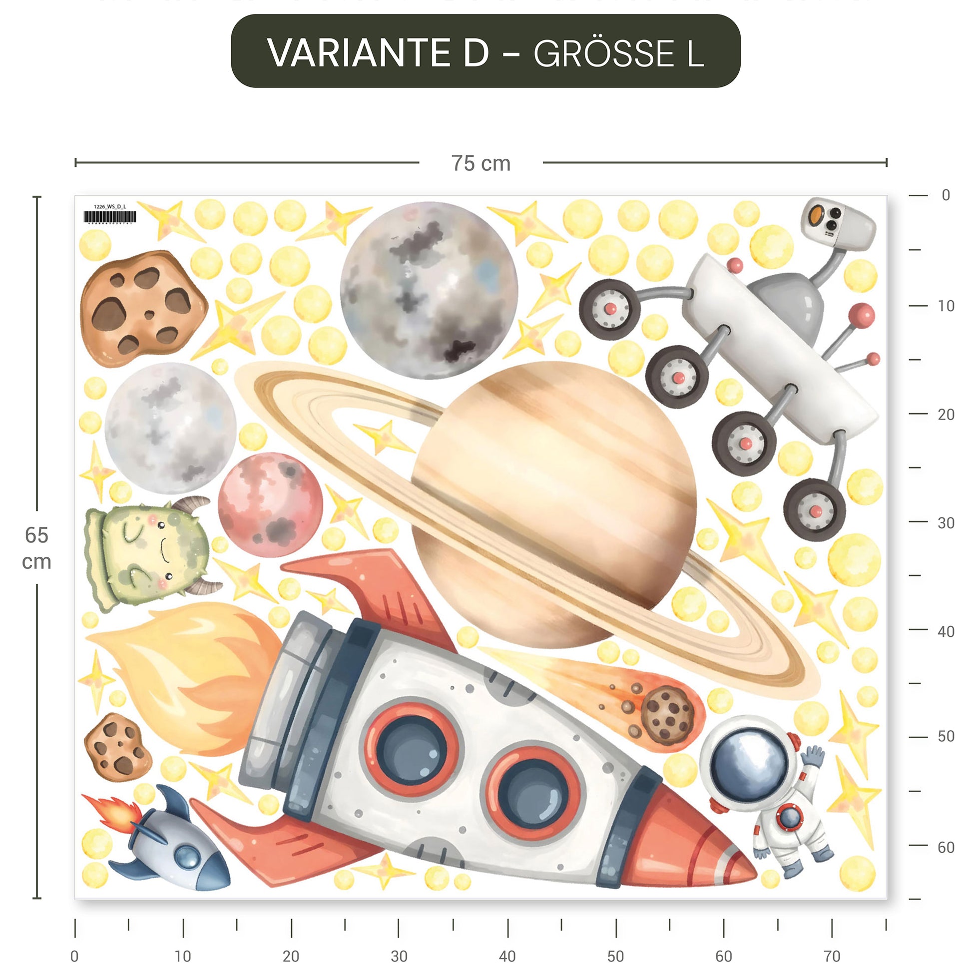 Buntes Wandtattoo Weltall mit Rakete, Planeten, Astronaut und Rover, wiederablösbar, ohne weißen Rand.