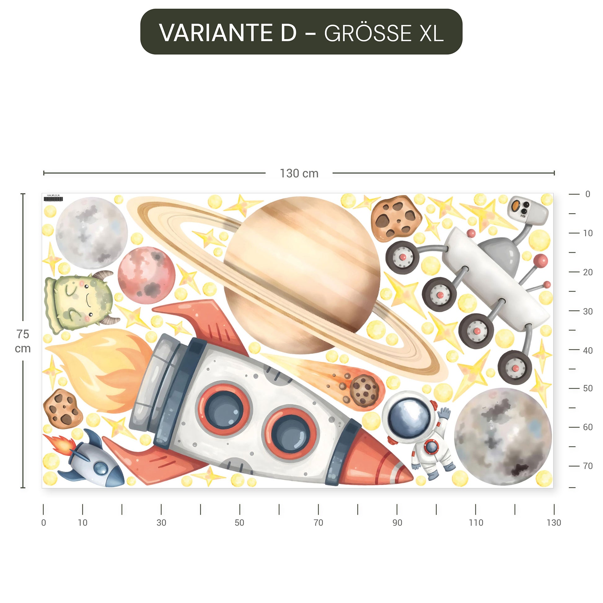 Buntes Wandtattoo Weltall mit Rakete, Planeten, Astronaut und Rover, wiederablösbar, ohne weißen Rand.