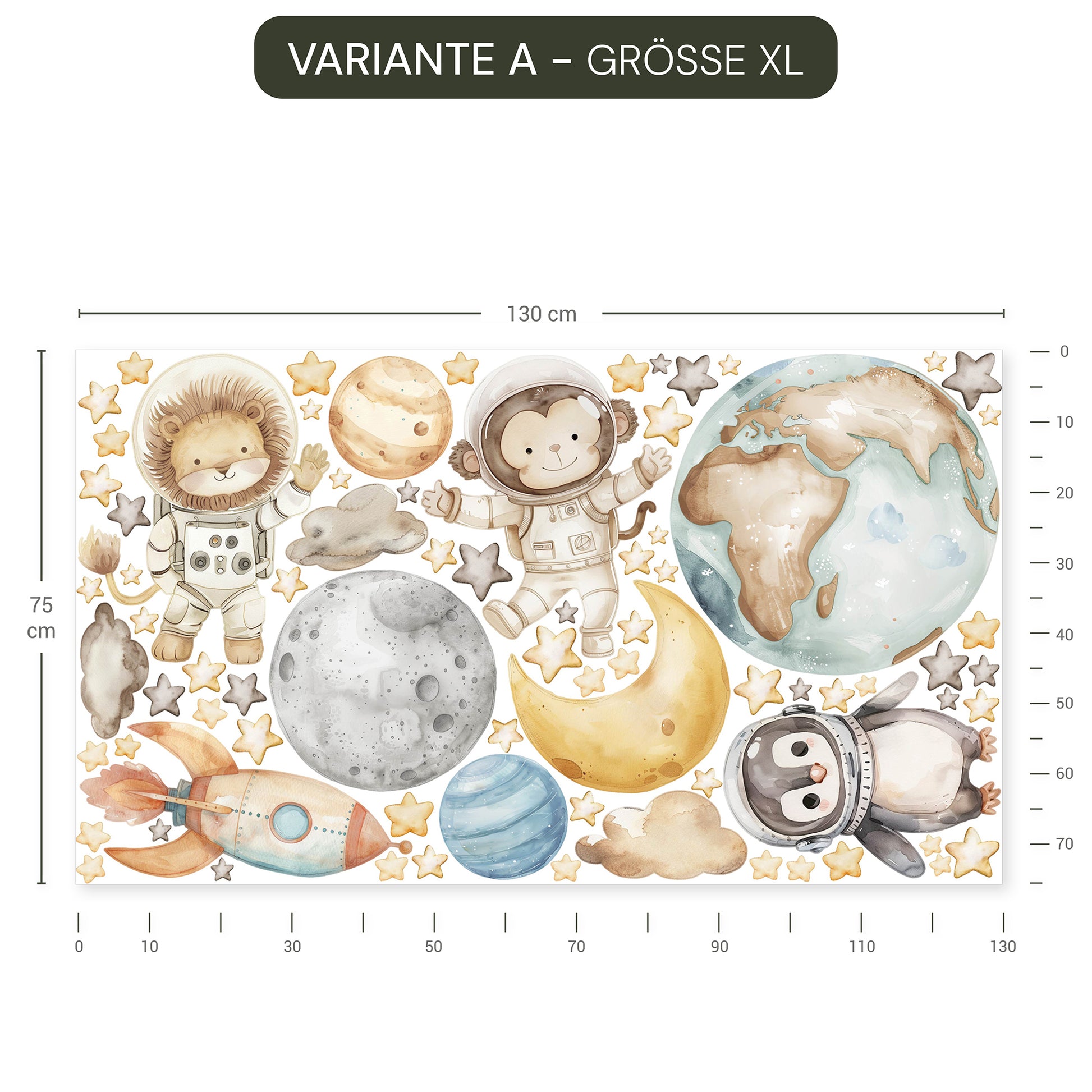 Wandtattoo Sternensafari mit Astronauten, Planeten, Sternen und Tieren, wiederablösbar, ohne weißen Rand.