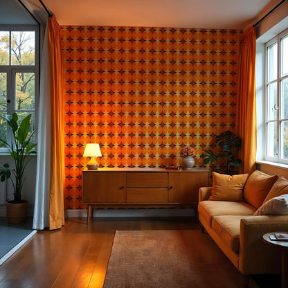 Maßangefertigte Vliestapete mit 70er-Jahre Kreismuster in Orange und Braun im Küchenflur.