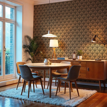 Elegante Maßangefertigte Vliestapete mit stilisierten Ginkgo-Blättern in Braun- und Goldtönen im Esszimmer.