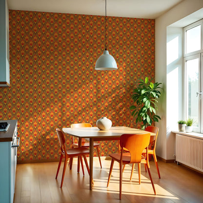 Maßangefertigte Vliestapete mit orangefarbenem 70er-Jahre Retro-Muster im Schlafzimmer.