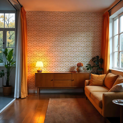 Maßangefertigte Vliestapete Honey Blossom mit retro floralem 70er-Jahre Boho-Stil in warmen Erdtönen im Esszimmer.