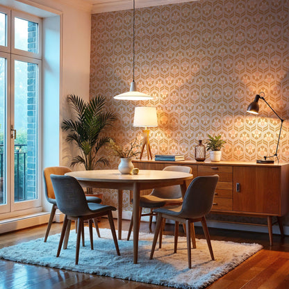 Maßangefertigte Vliestapete Honey Blossom mit retro floralem 70er-Jahre Boho-Stil in warmen Erdtönen im Esszimmer.