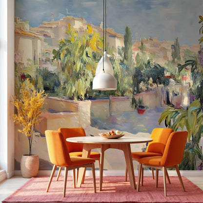 Maßangefertigte Vliestapete mit mediterraner Landschaft und pastellfarbenen Häusern im Esszimmer.