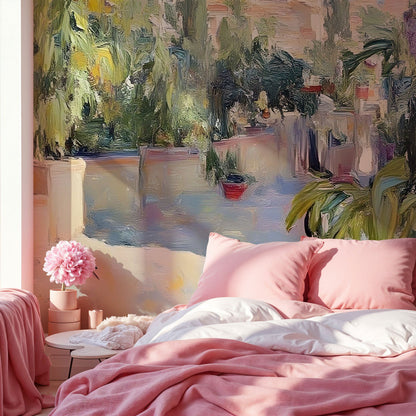 Maßangefertigte Vliestapete mit mediterraner Landschaft und pastellfarbenen Häusern im Esszimmer.