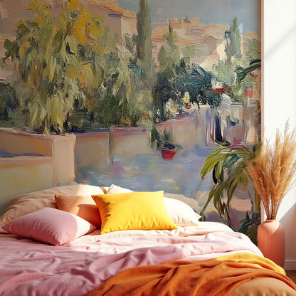 Maßangefertigte Vliestapete mit mediterraner Landschaft und pastellfarbenen Häusern im Esszimmer.