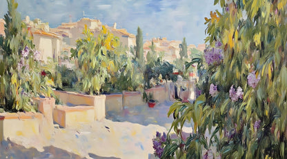 Maßangefertigte Vliestapete mit mediterraner Landschaft und pastellfarbenen Häusern im Esszimmer.