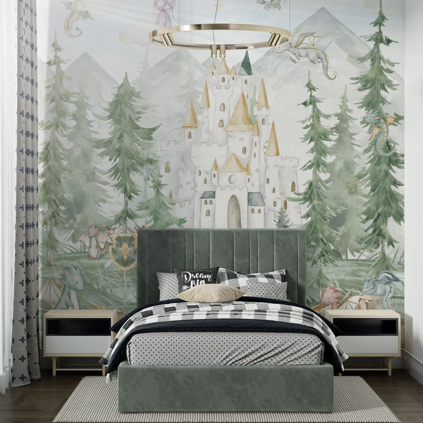 Maßangefertigte Vliestapete mit Aquarell-Drachenwald, Schloss, Tannen und fantastischen Tieren.