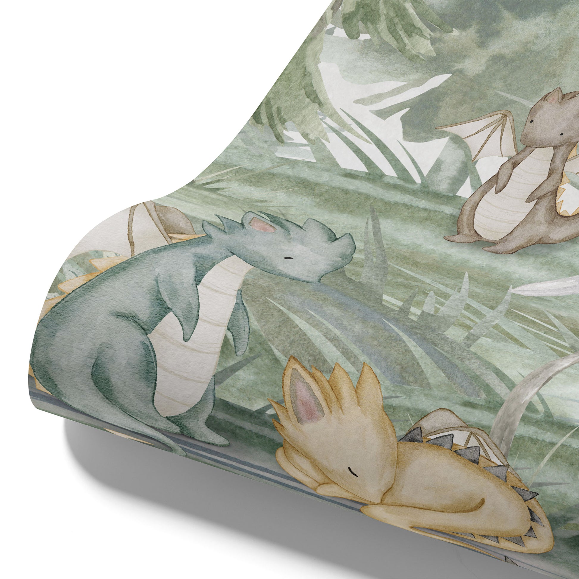 Maßangefertigte Vliestapete mit Aquarell-Drachenwald, Schloss, Tannen und fantastischen Tieren.