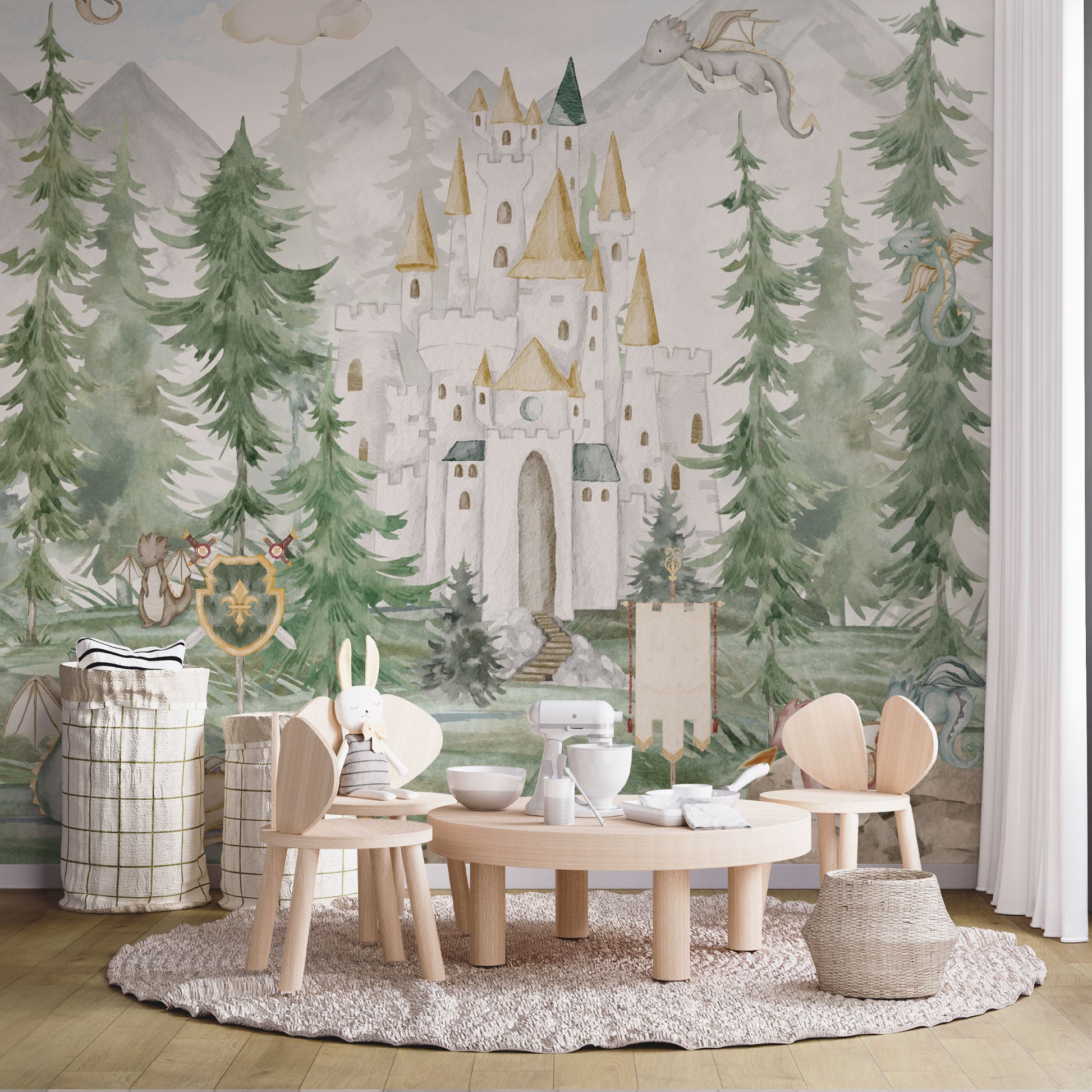 Maßangefertigte Vliestapete mit Aquarell-Drachenwald, Schloss, Tannen und fantastischen Tieren.