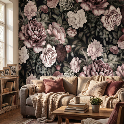 Papier peint Motif pivoines - foncé