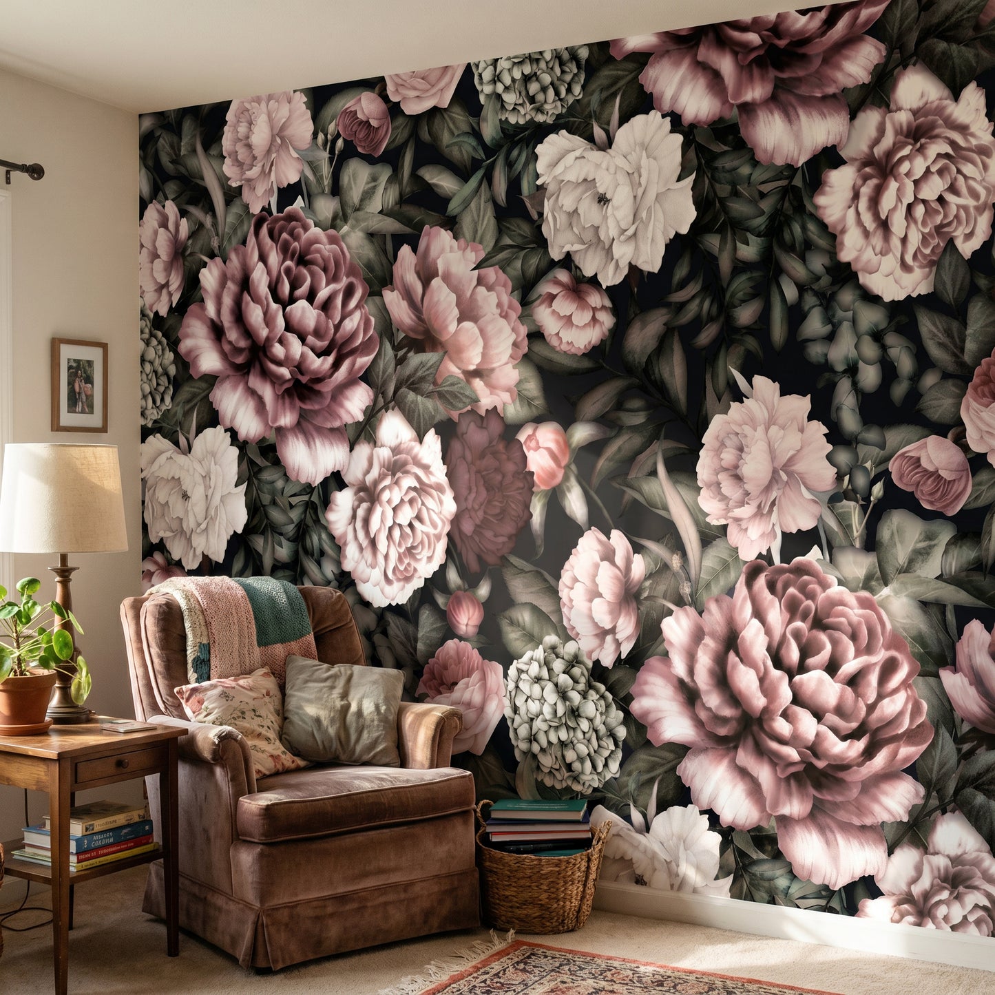 Papier peint Motif pivoines - foncé
