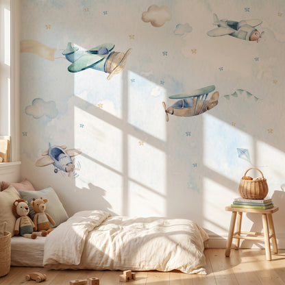 Kindertapete Flugzeuge Aquarell
