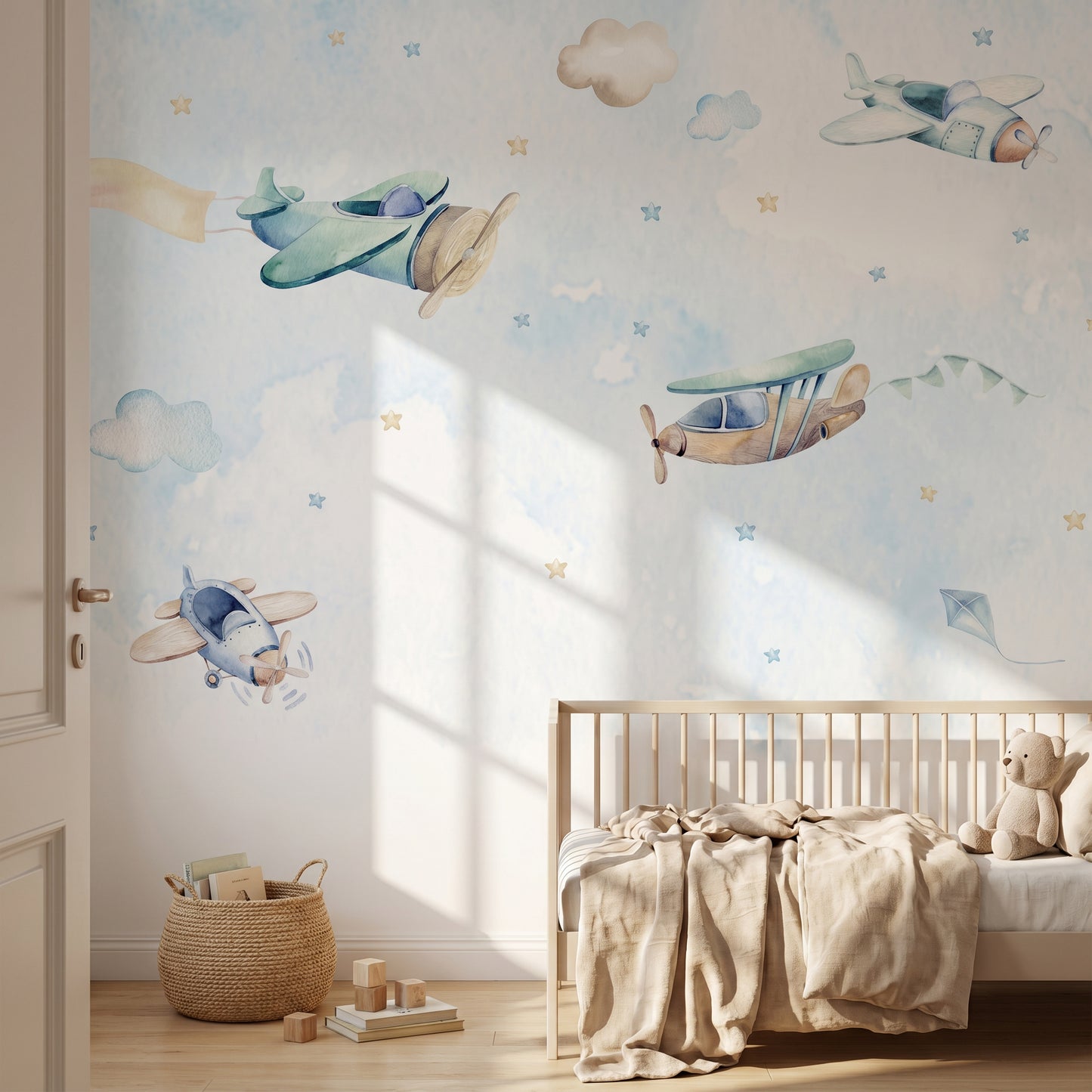 Kindertapete Flugzeuge Aquarell