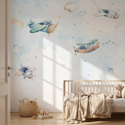 Kindertapete Flugzeuge Aquarell