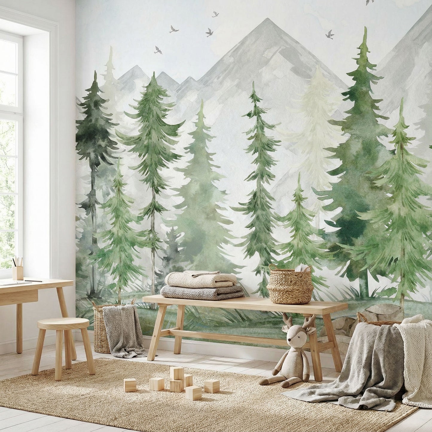 Papier peint pour enfants forêt de sapins aquarelle