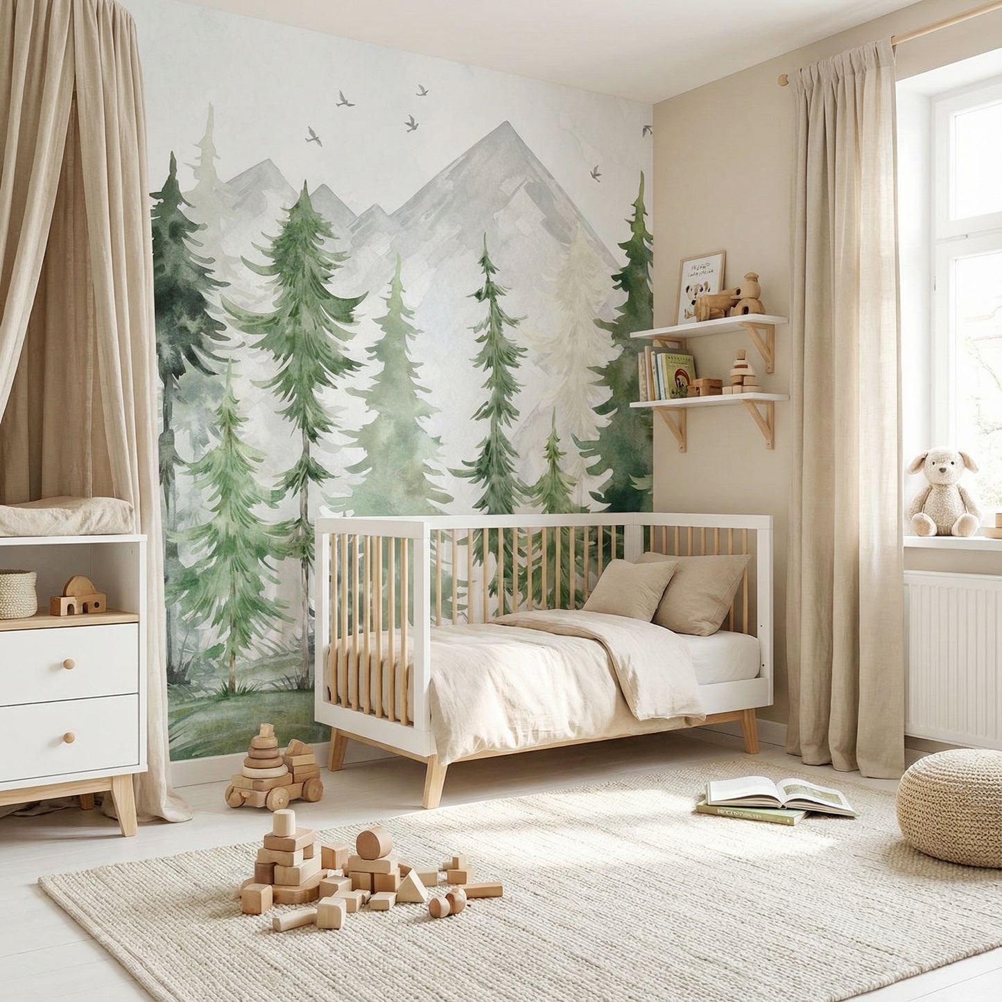 Papier peint pour enfants forêt de sapins aquarelle