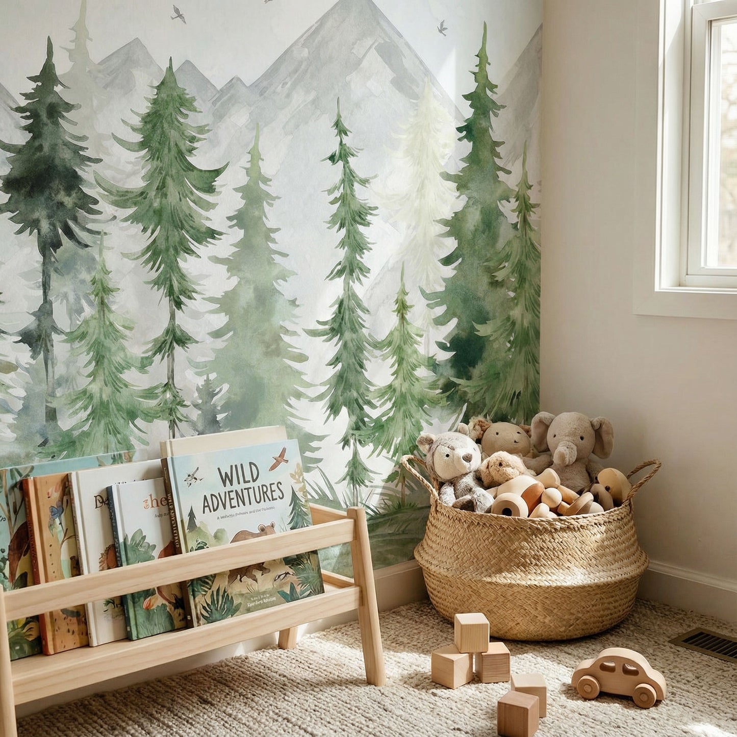 Papier peint pour enfants forêt de sapins aquarelle