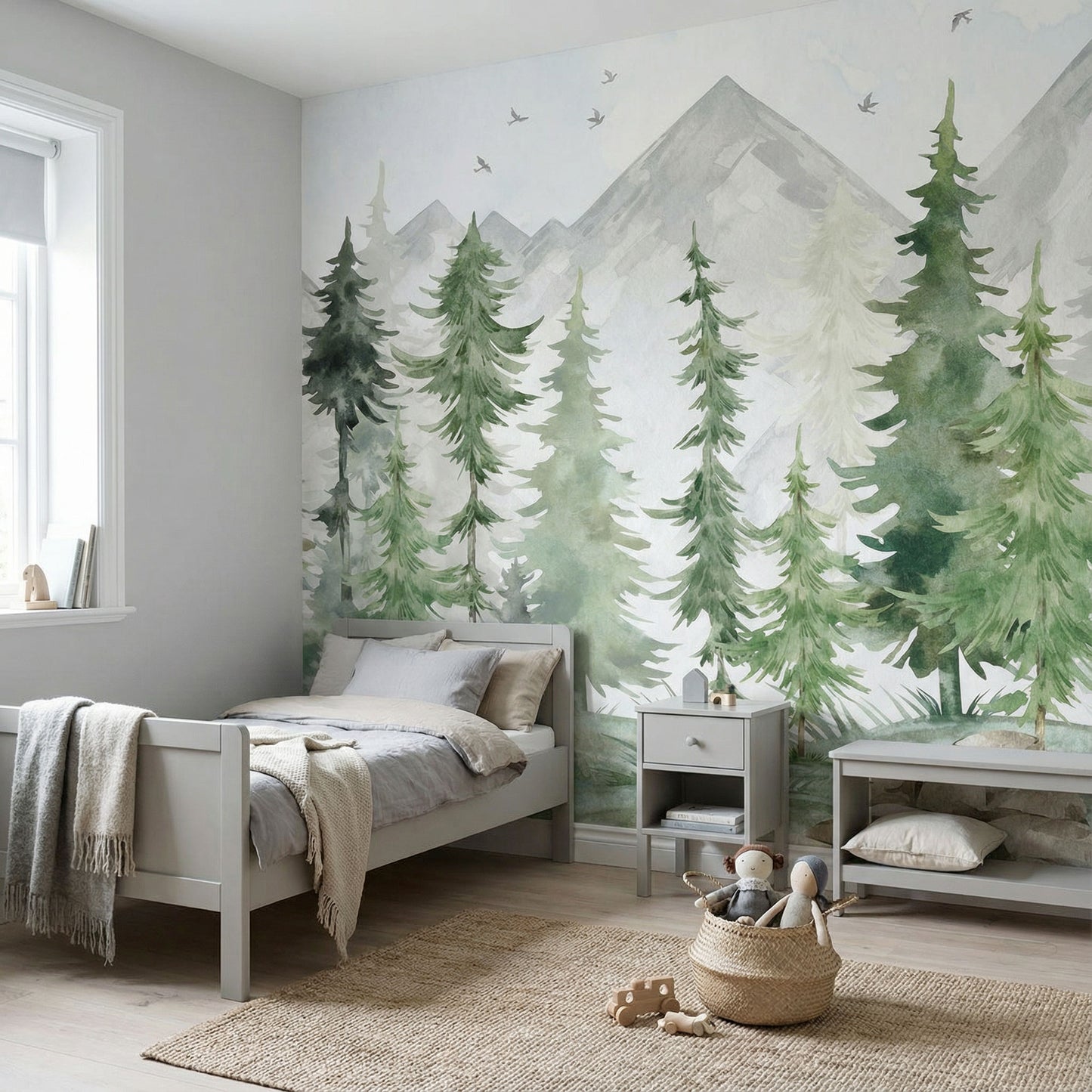 Papier peint pour enfants forêt de sapins aquarelle