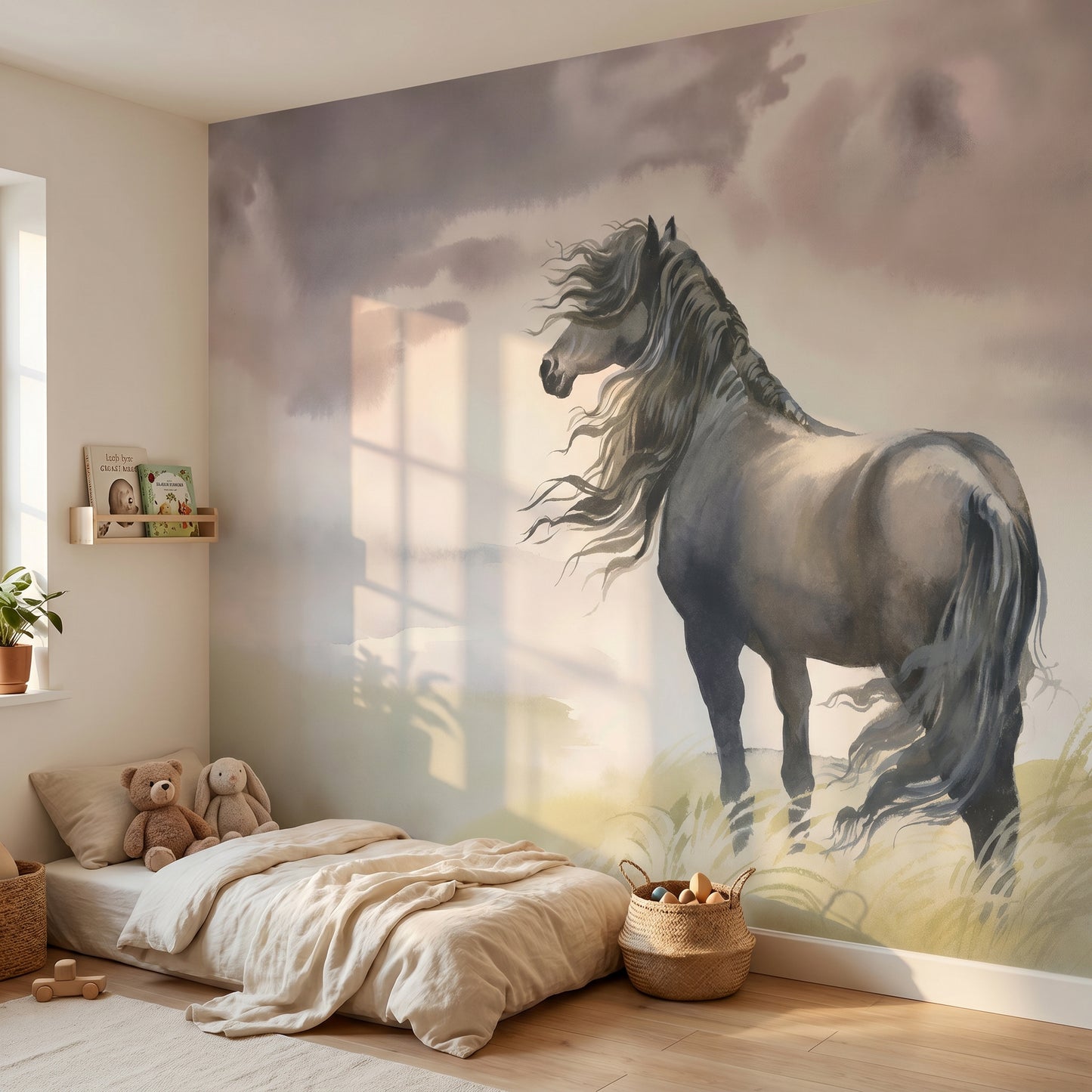 Children's wallpaper horse with landscape