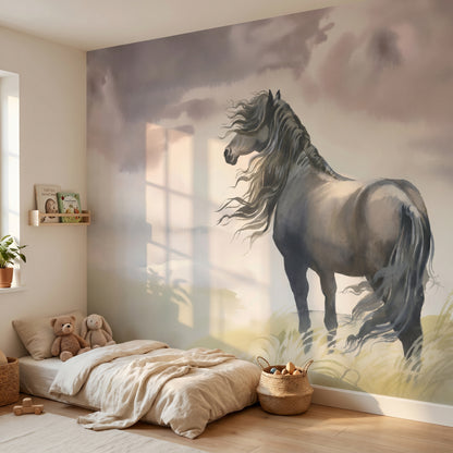 Children's wallpaper horse with landscape