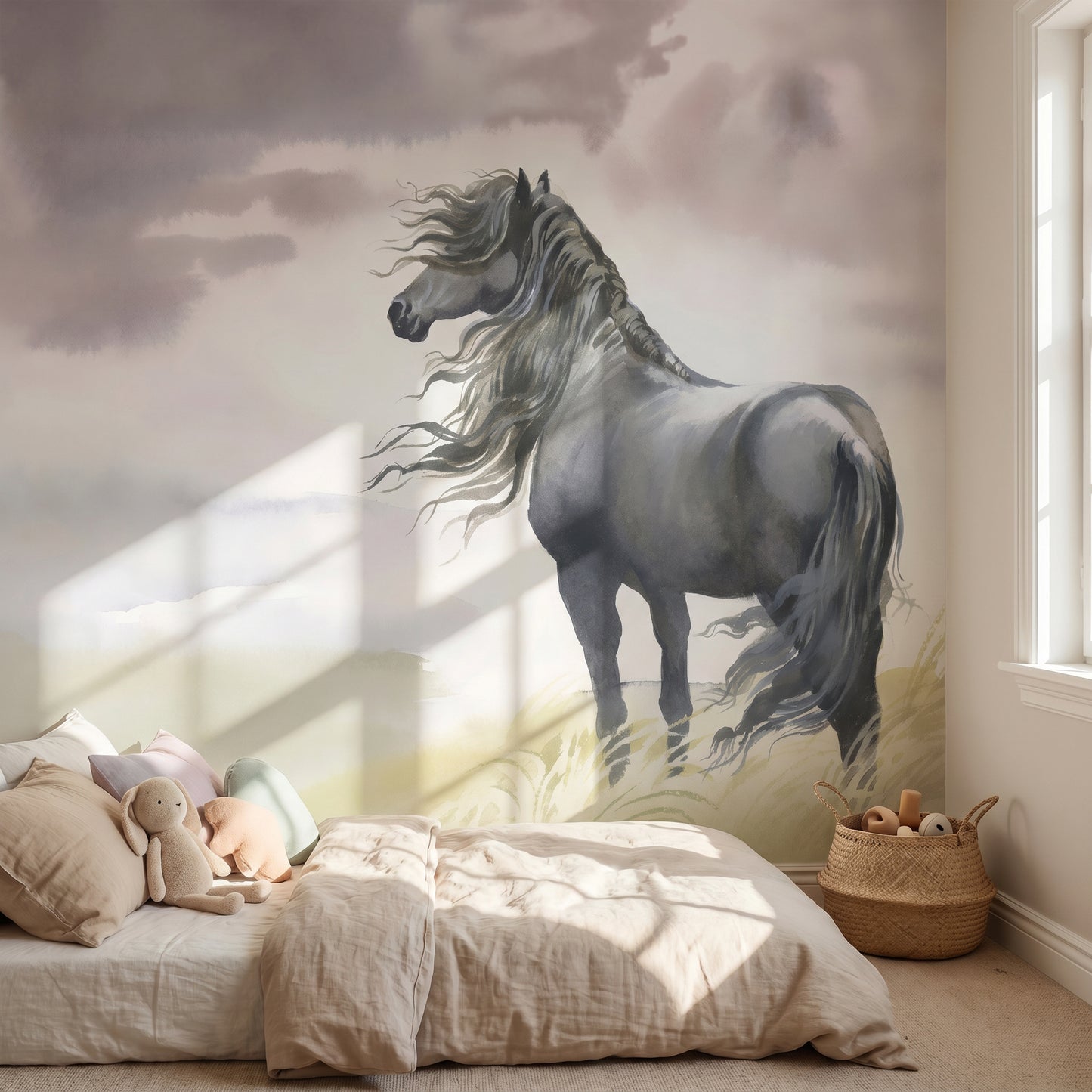 Children's wallpaper horse with landscape