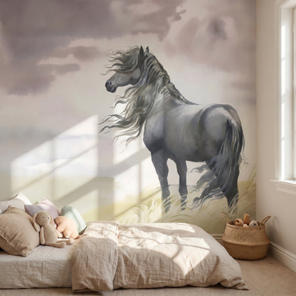 Children's wallpaper horse with landscape