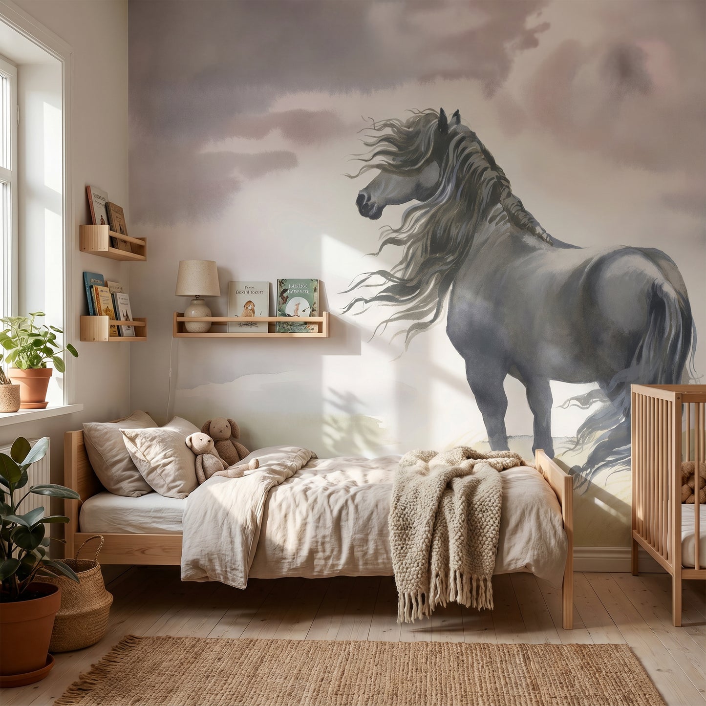 Children's wallpaper horse with landscape
