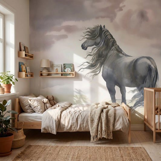 Children's wallpaper horse with landscape