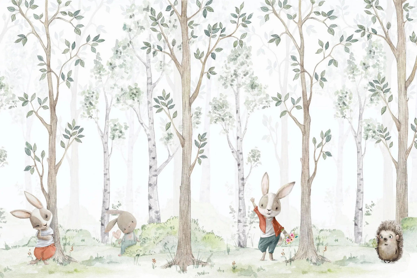 Papier peint enfant forêt de bouleaux aquarelle avec des lapins