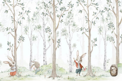 Kindertapete Birken­wald Aquarell mit Hasen